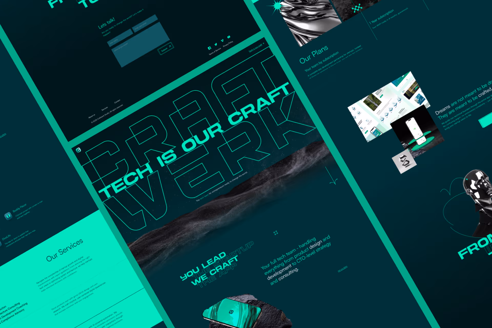 Website layout with tech theme showing 'Tech is our craft' and service plans with digital design elements.