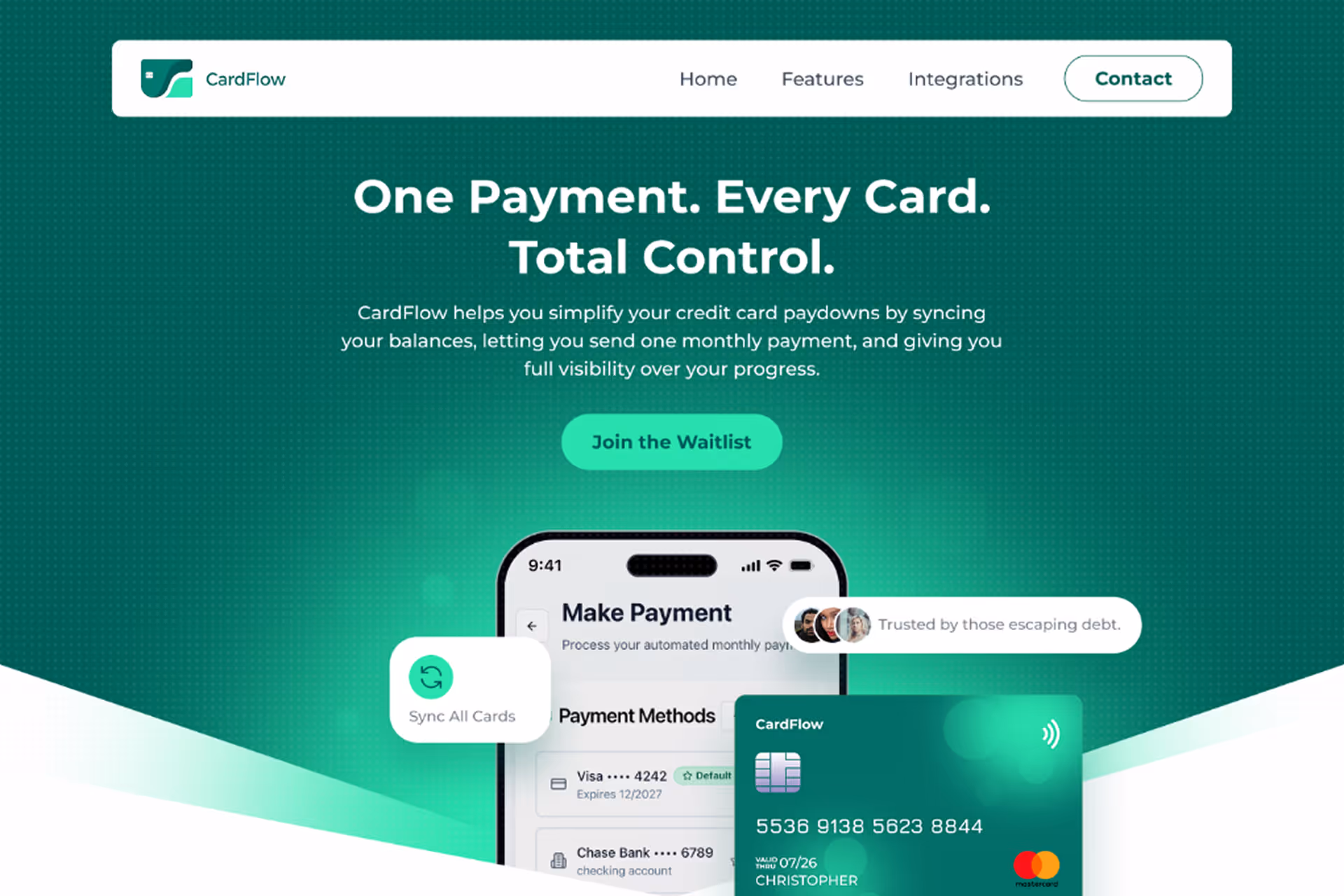 CardFlow app interface showing credit card payment sync and a card with number and name Christopher.