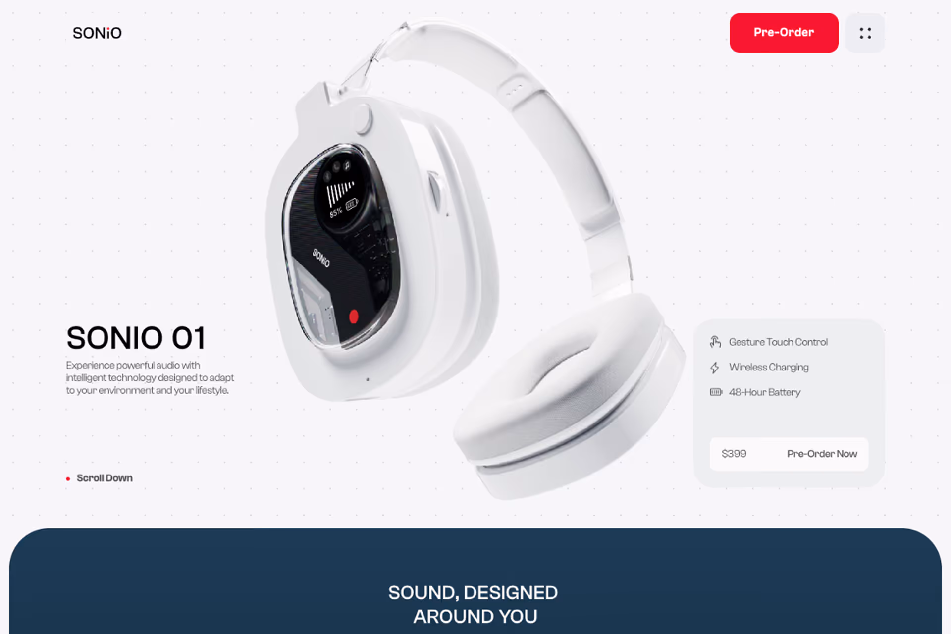 White SONIO 01 headphones with touchscreen display showing battery and controls on ear cup.