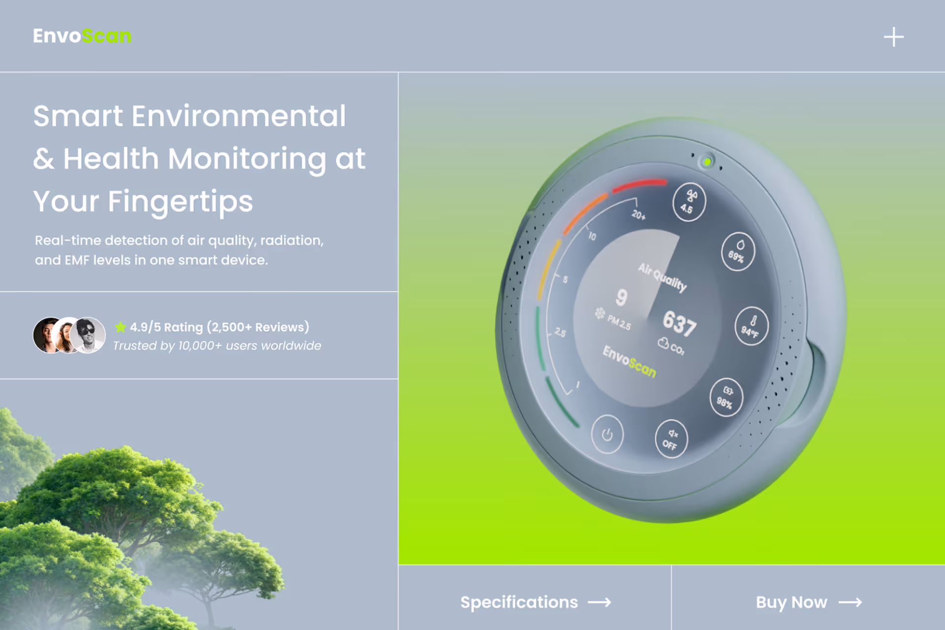 Envoscan device displaying real-time air quality and environmental data on a circular screen.