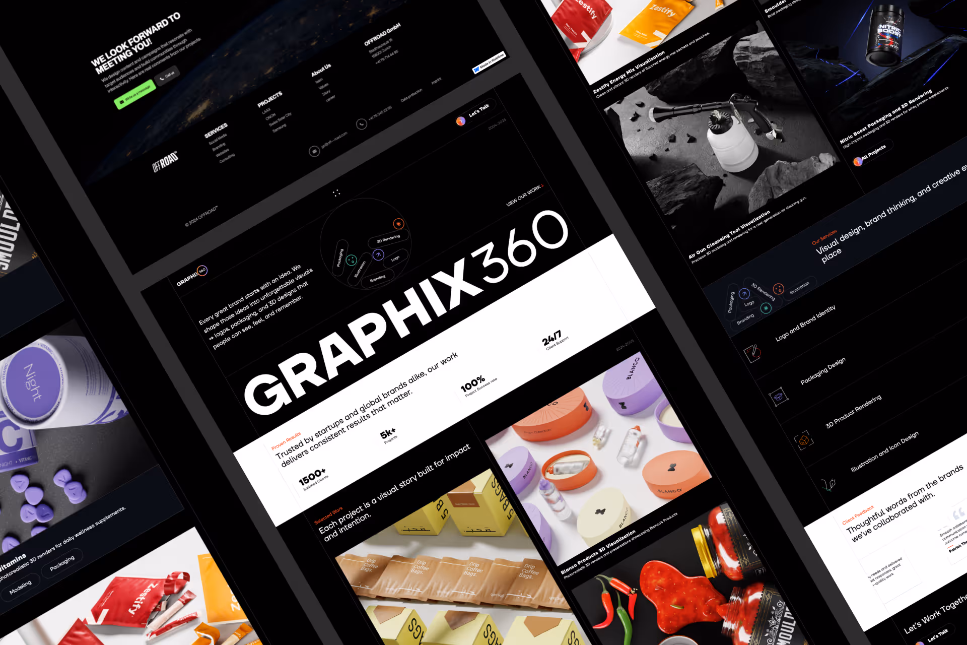 Website screenshot featuring Graphix360 branding, product 3D visuals, and packaging design examples.