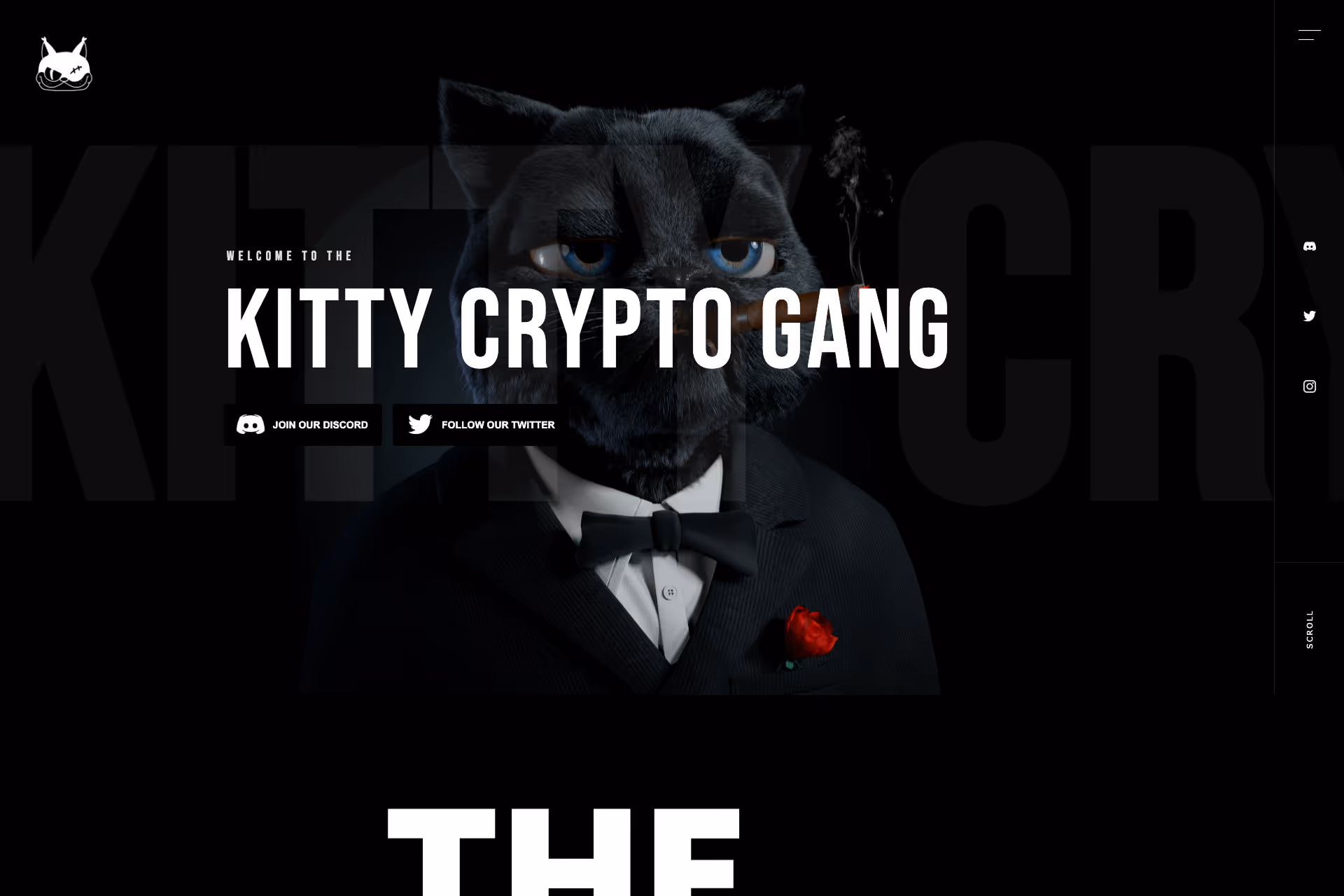Black cat in tuxedo with bow tie and red rose, smoking cigarette, representing Kitty Crypto Gang.