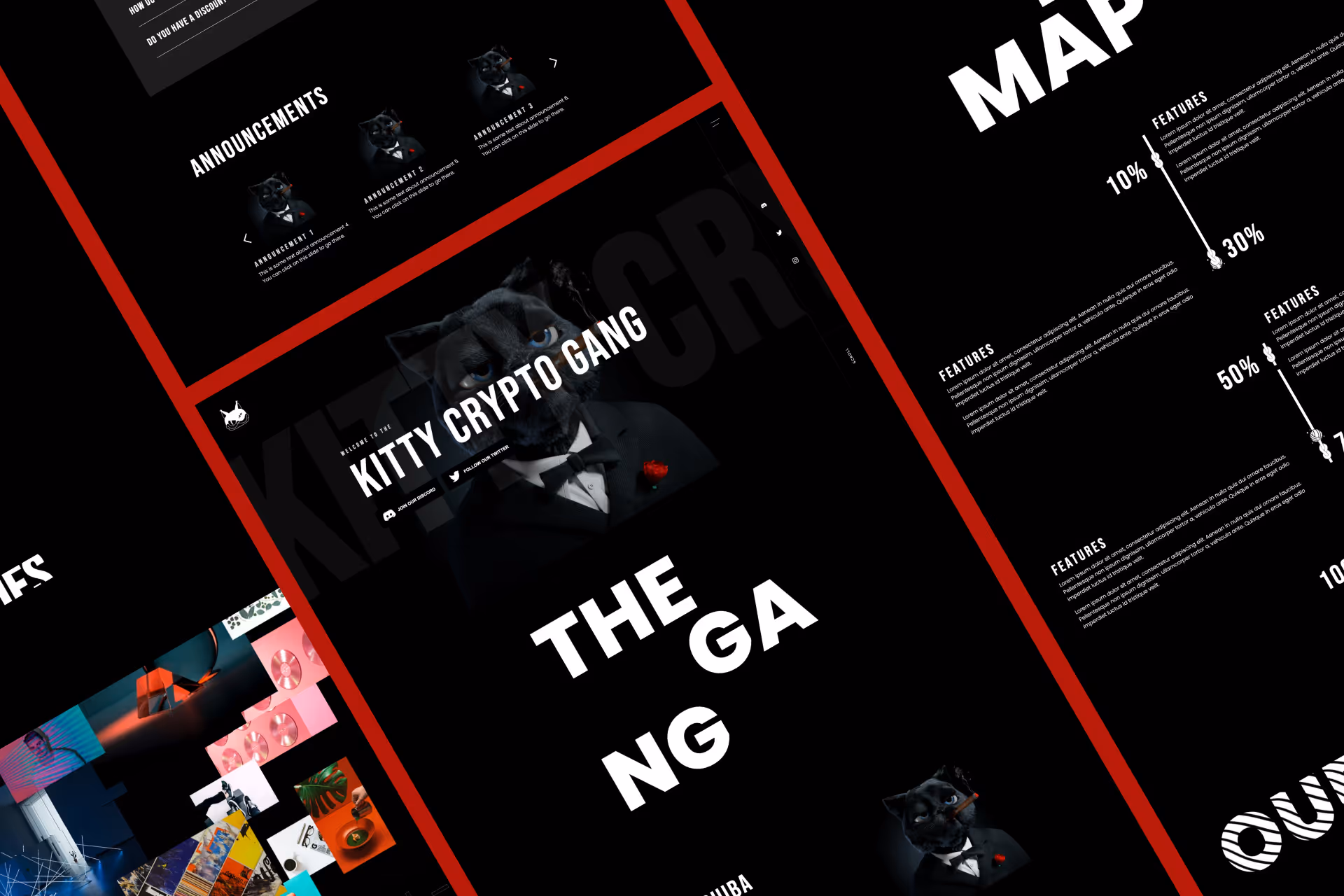 Website design screenshots featuring Kitty Crypto Gang with a black cat in a tuxedo and cigar.