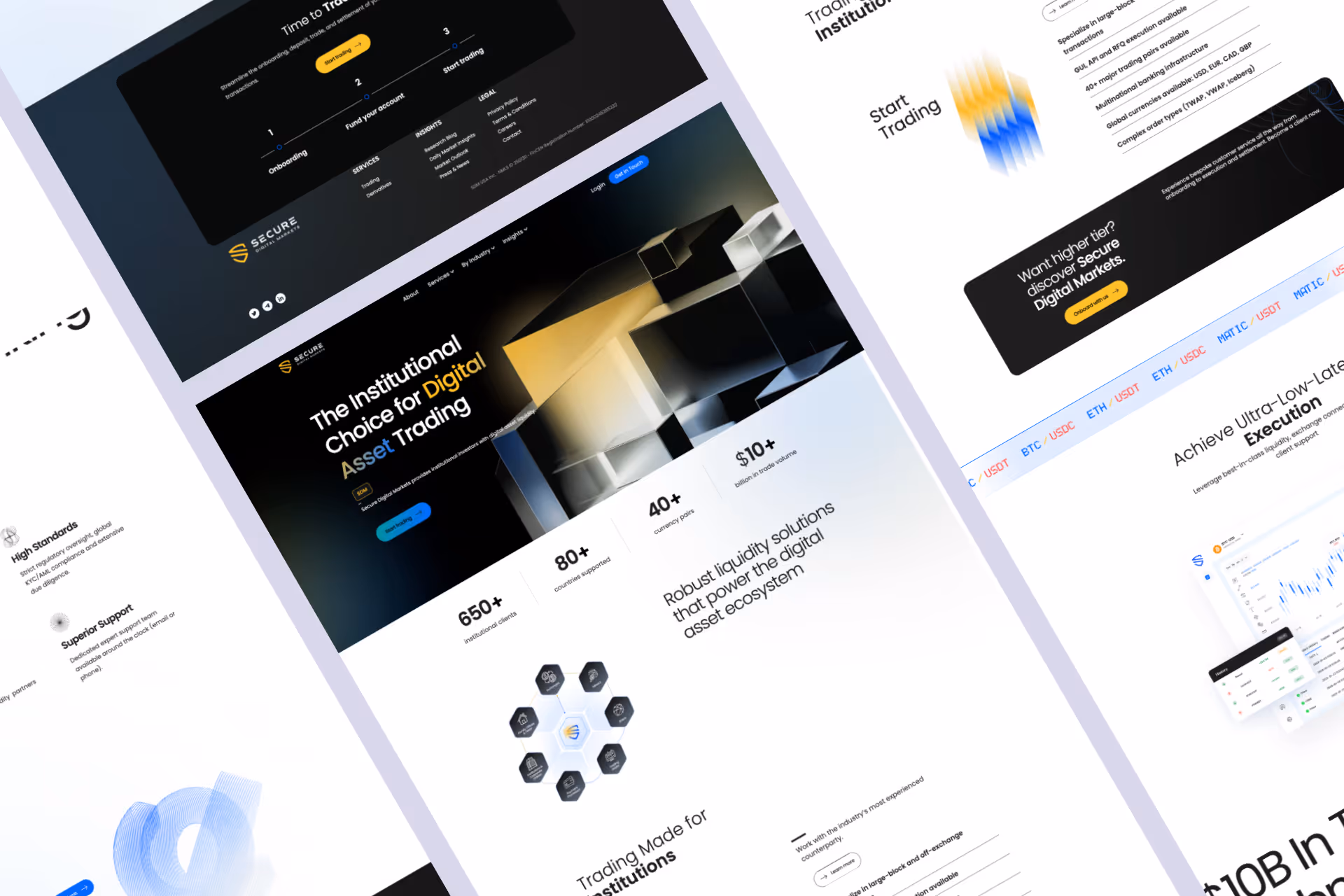 Website homepage showing digital asset trading stats, features, and trading platform interface screenshots.