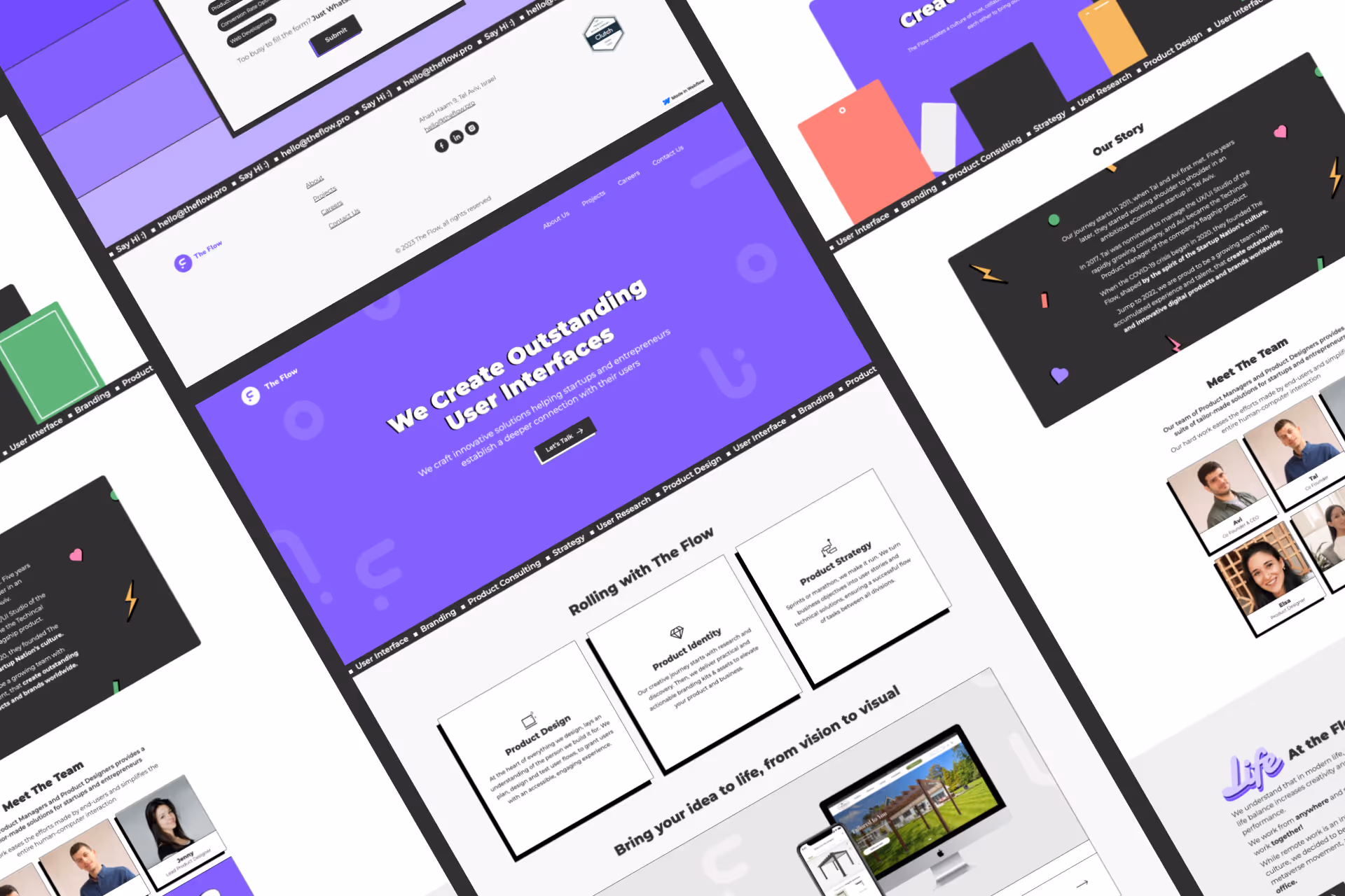 Web design portfolio showing user interface, product design, team photos, and colorful swatches.