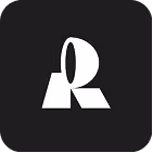 White stylized letter R design on black background.