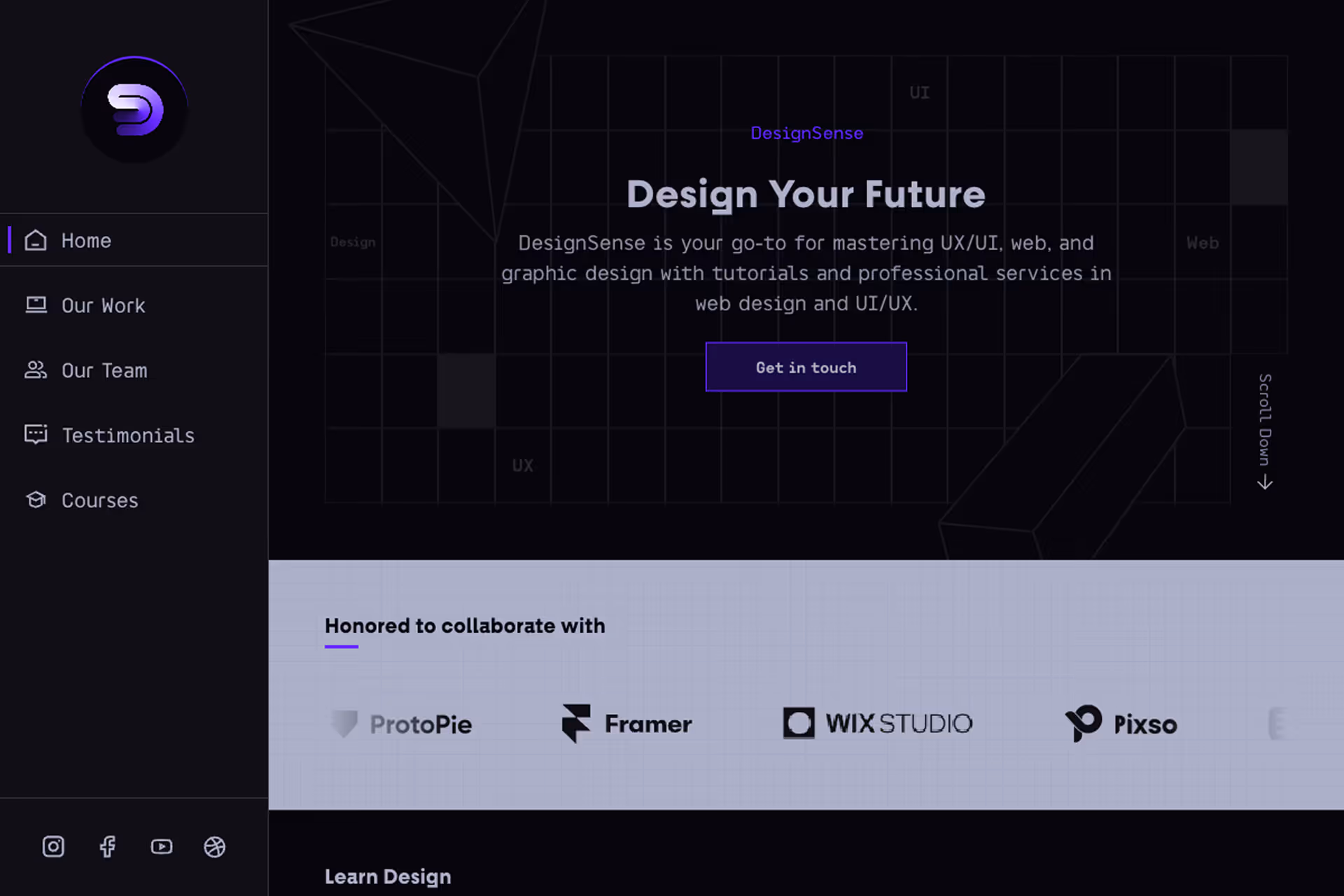 Website homepage with menu and text about mastering UX/UI, plus logos of ProtoPie, Framer, Wix Studio, and Pixso.