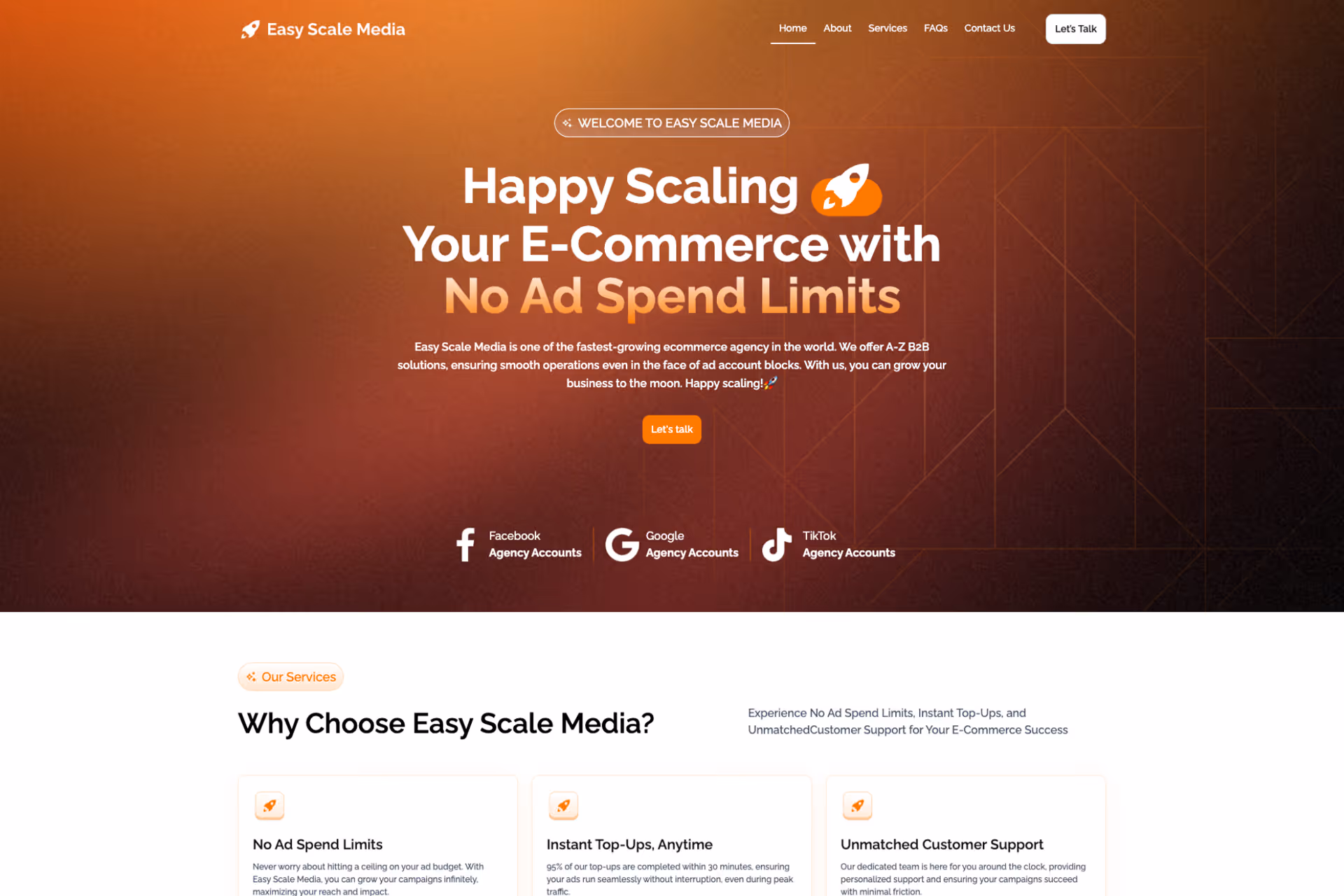 Easy Scale Media homepage with e-commerce ad spend services and options for Facebook, Google, and TikTok accounts.