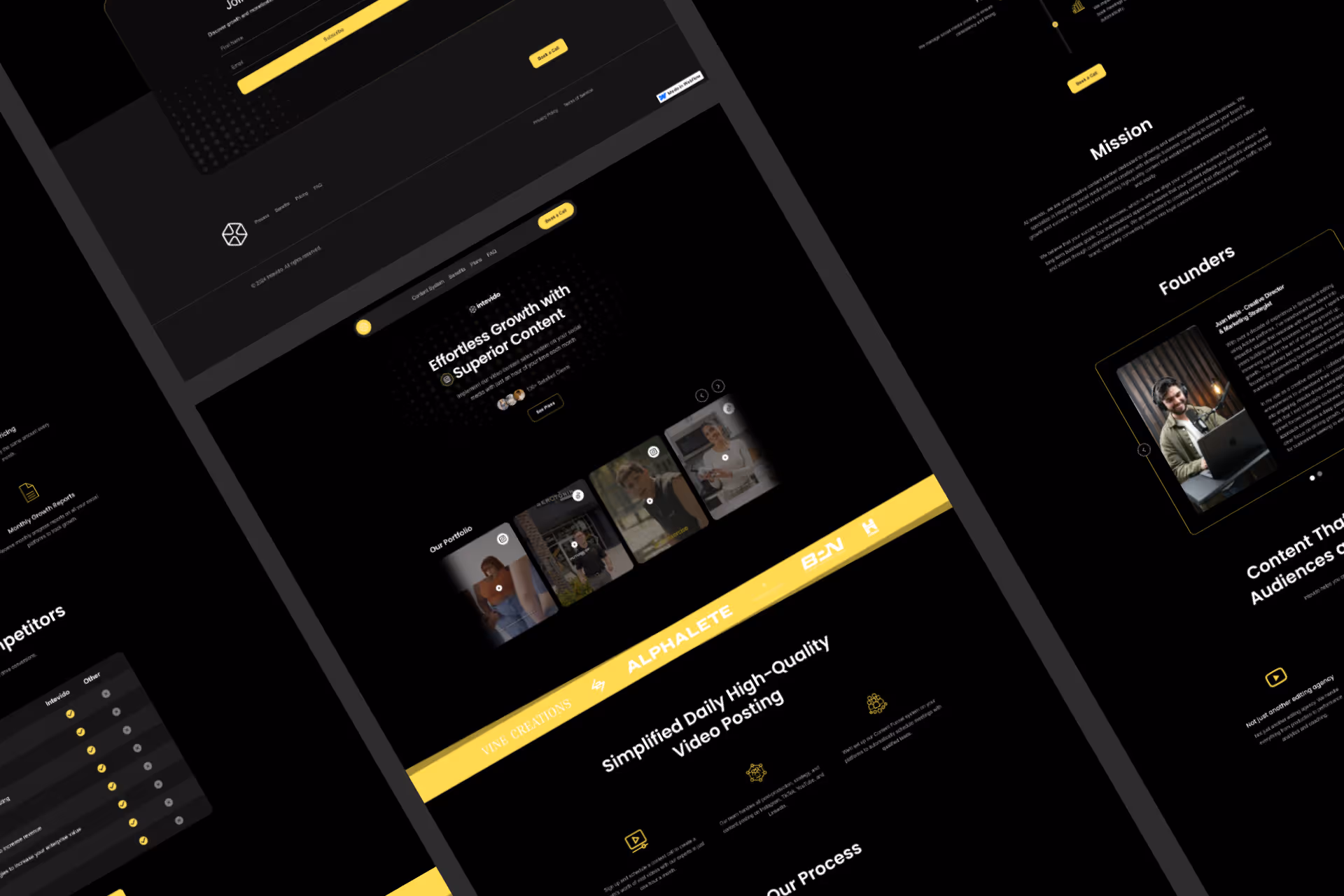 Dark-themed website design showcasing sections for video content, mission, founders, and portfolio.