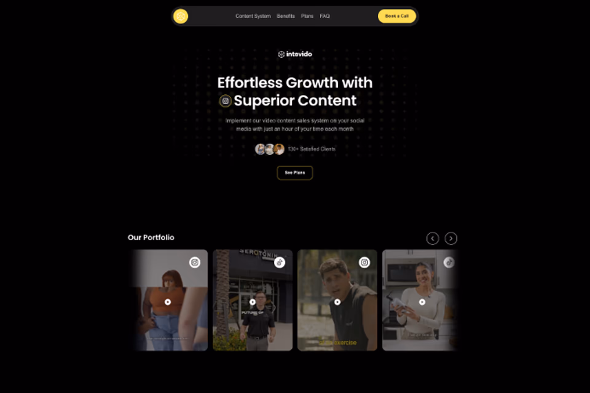 Intevido website homepage showing video content portfolio and a call to action for growth with superior content.