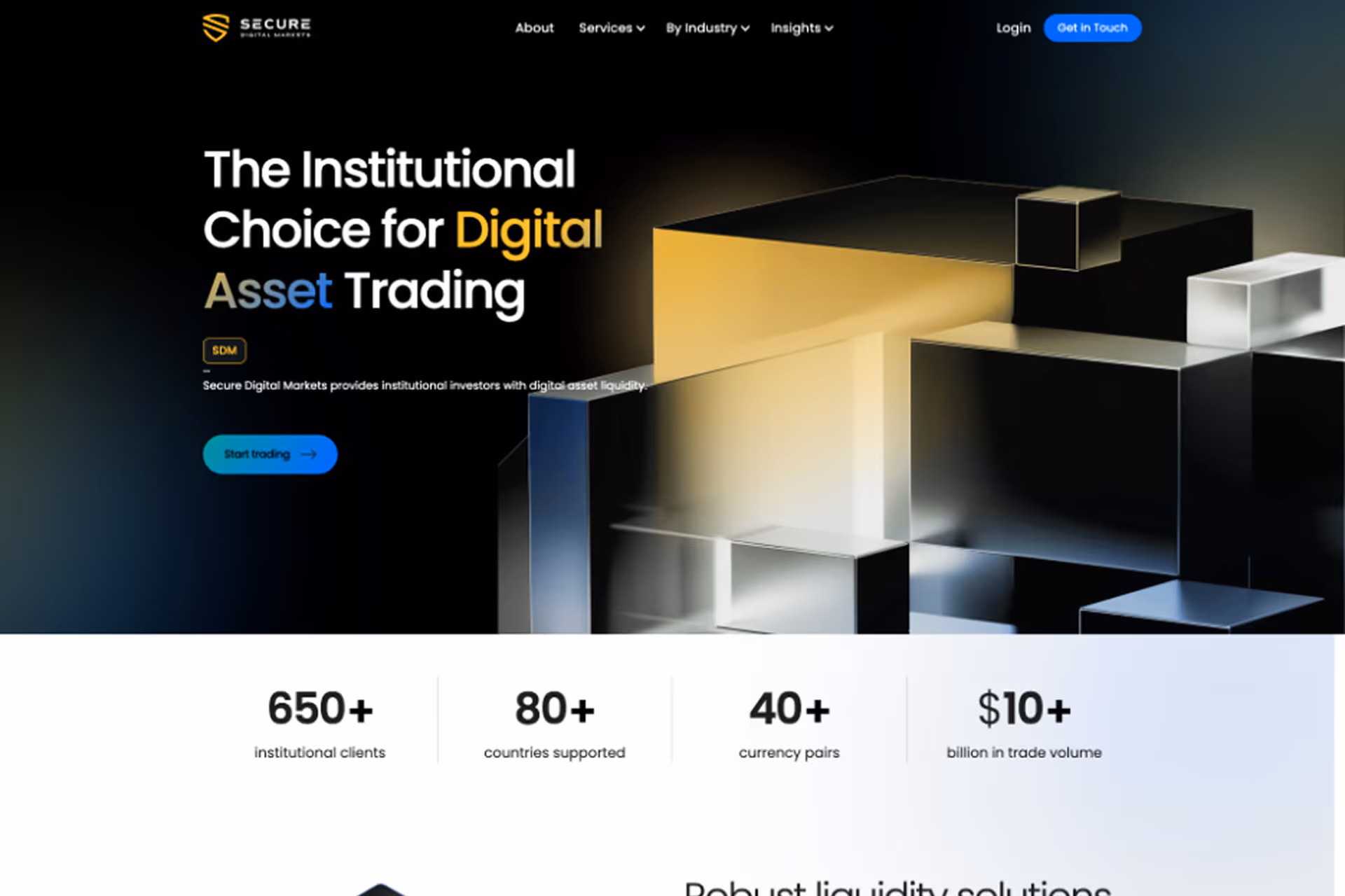Website hero for Secure Digital Markets featuring digital asset trading stats and abstract blue and gold cubes.