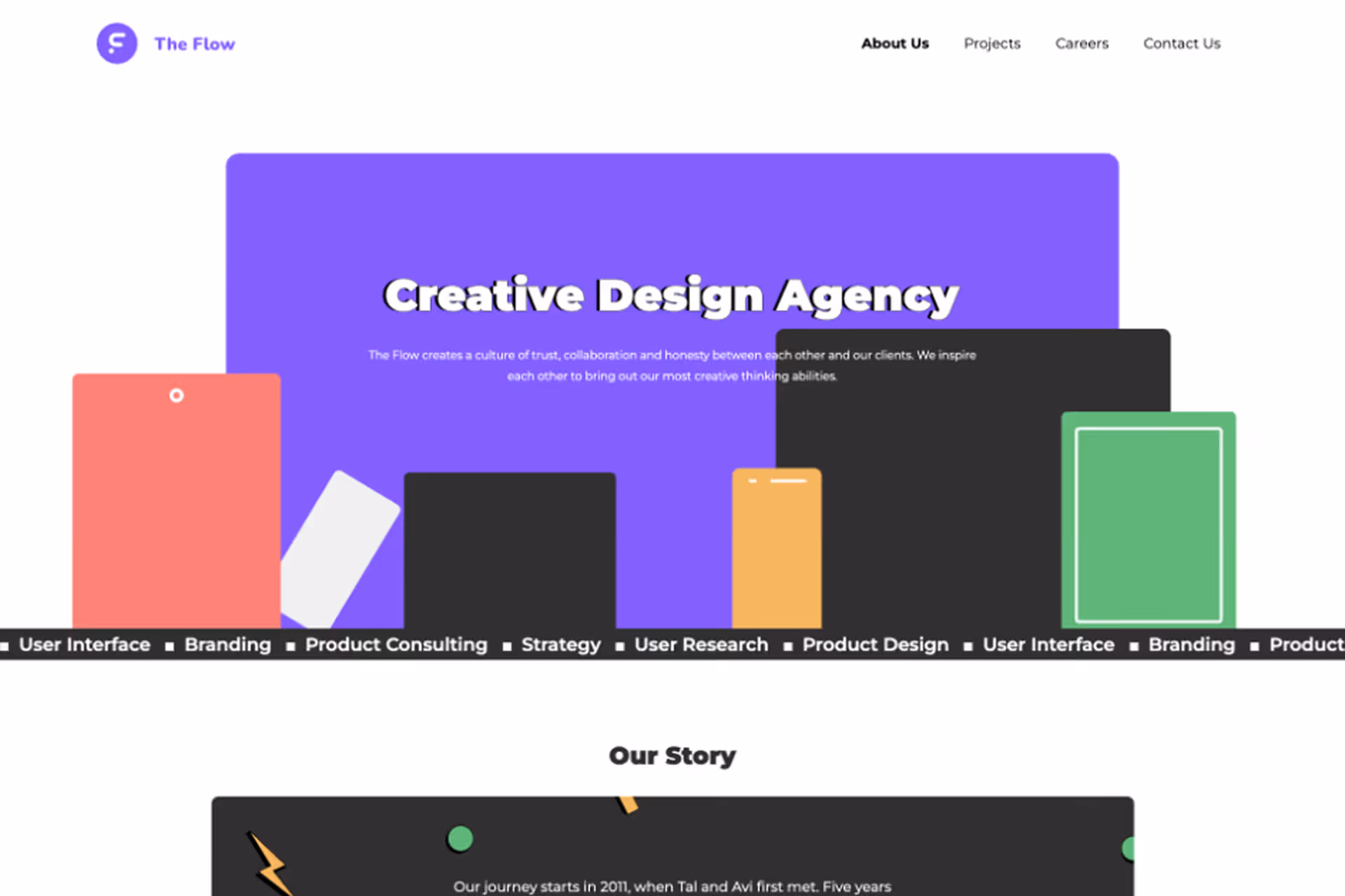 Website header showing The Flow creative design agency with colorful device icons and navigation links.
