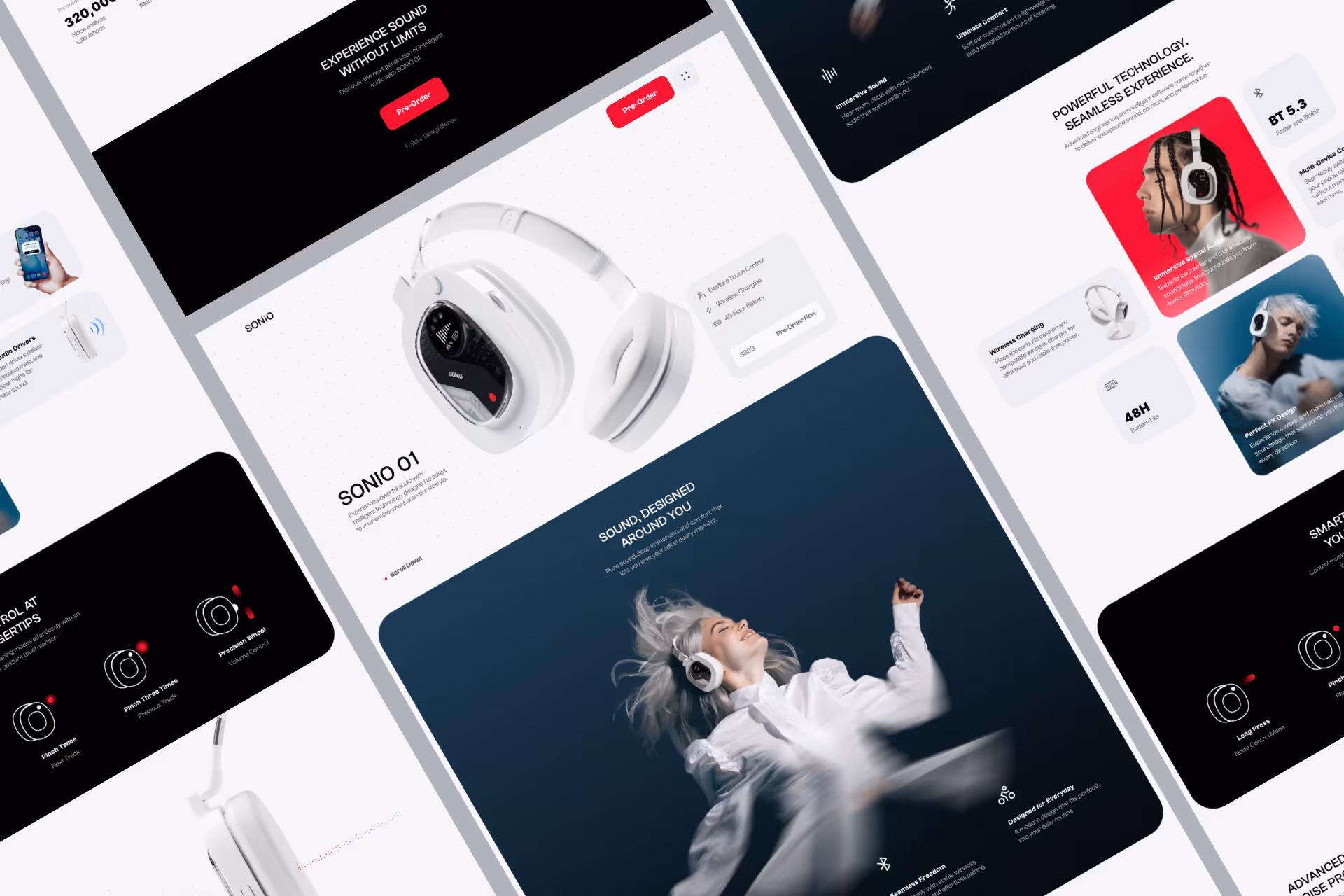 Multiple angled web pages featuring white Sonio 01 wireless headphones and a person enjoying music.